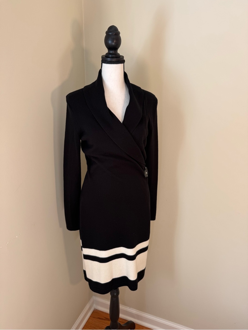 Ralph Lauren Black Long-Sleeve Cotton Sweater Dress with White Stripe Hem